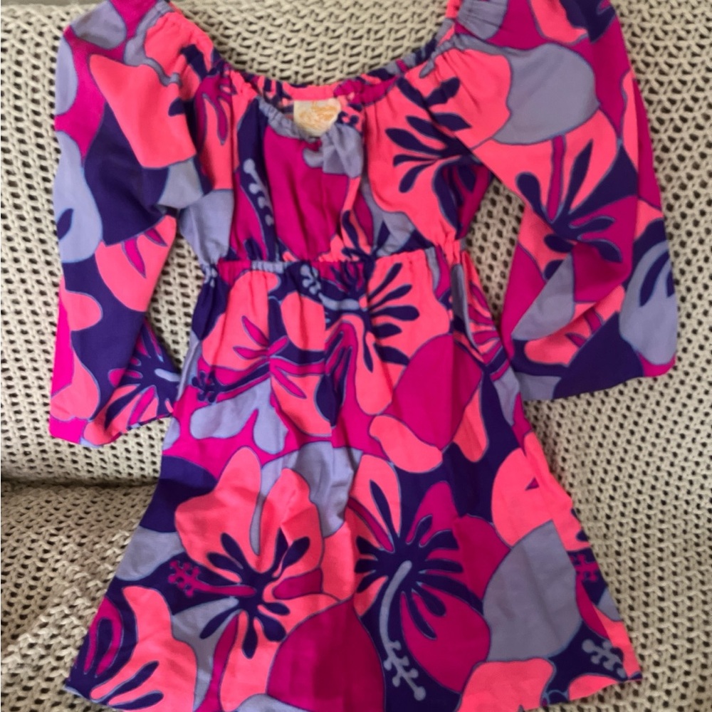Tropical Bloom Midi Dress in Pink and Purple Stretch Waist On Or Off Shoulder.